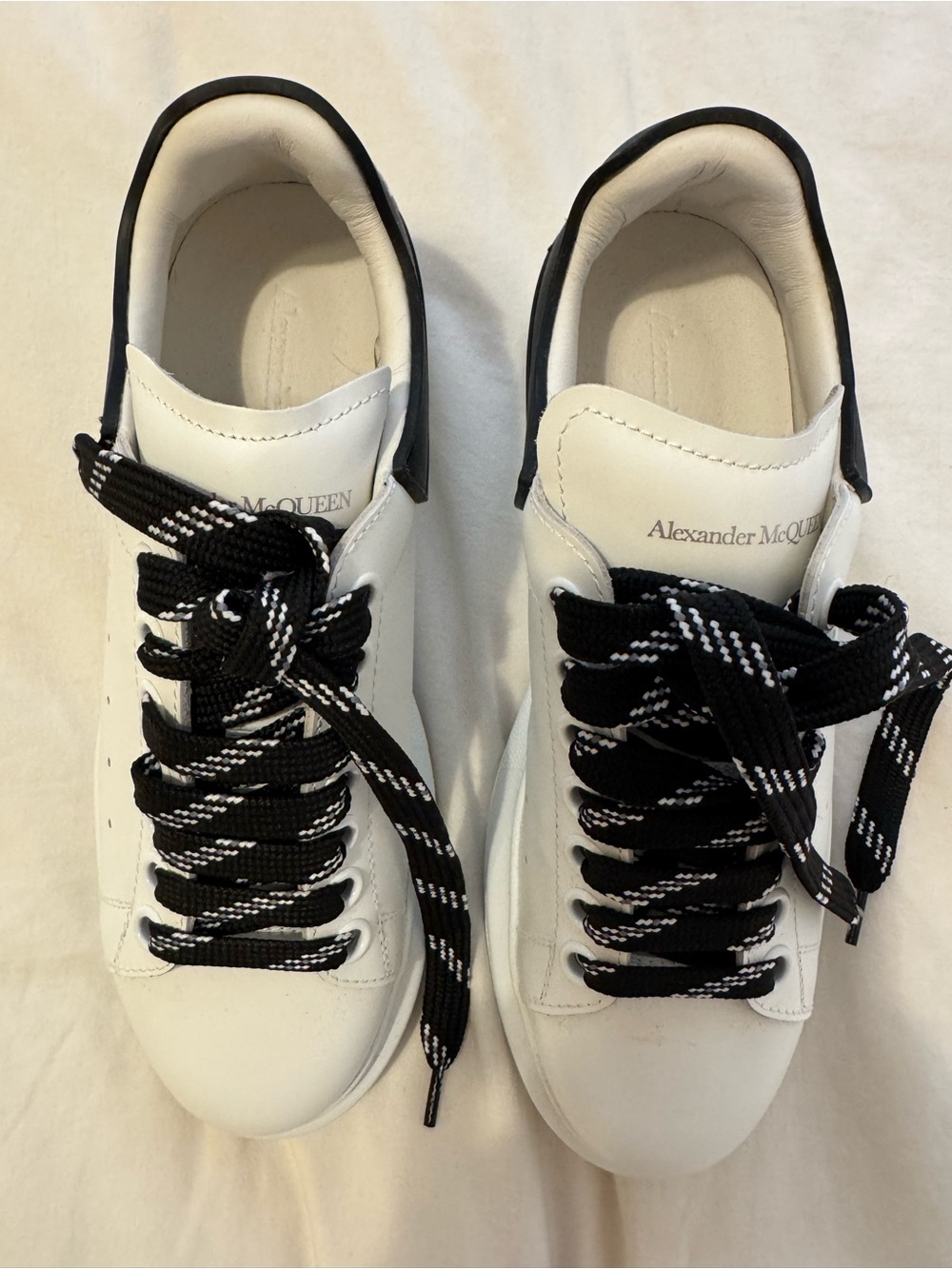 Alexander McQueen White Leather Sneakers with Black Accent and Patterned Laces